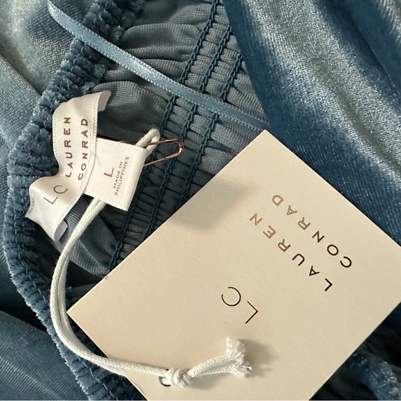 NWT LC Lauren Conrad Velvet Dress - BLUE Smocked Ruffle Women Size L - midi - Picture 9 of 12